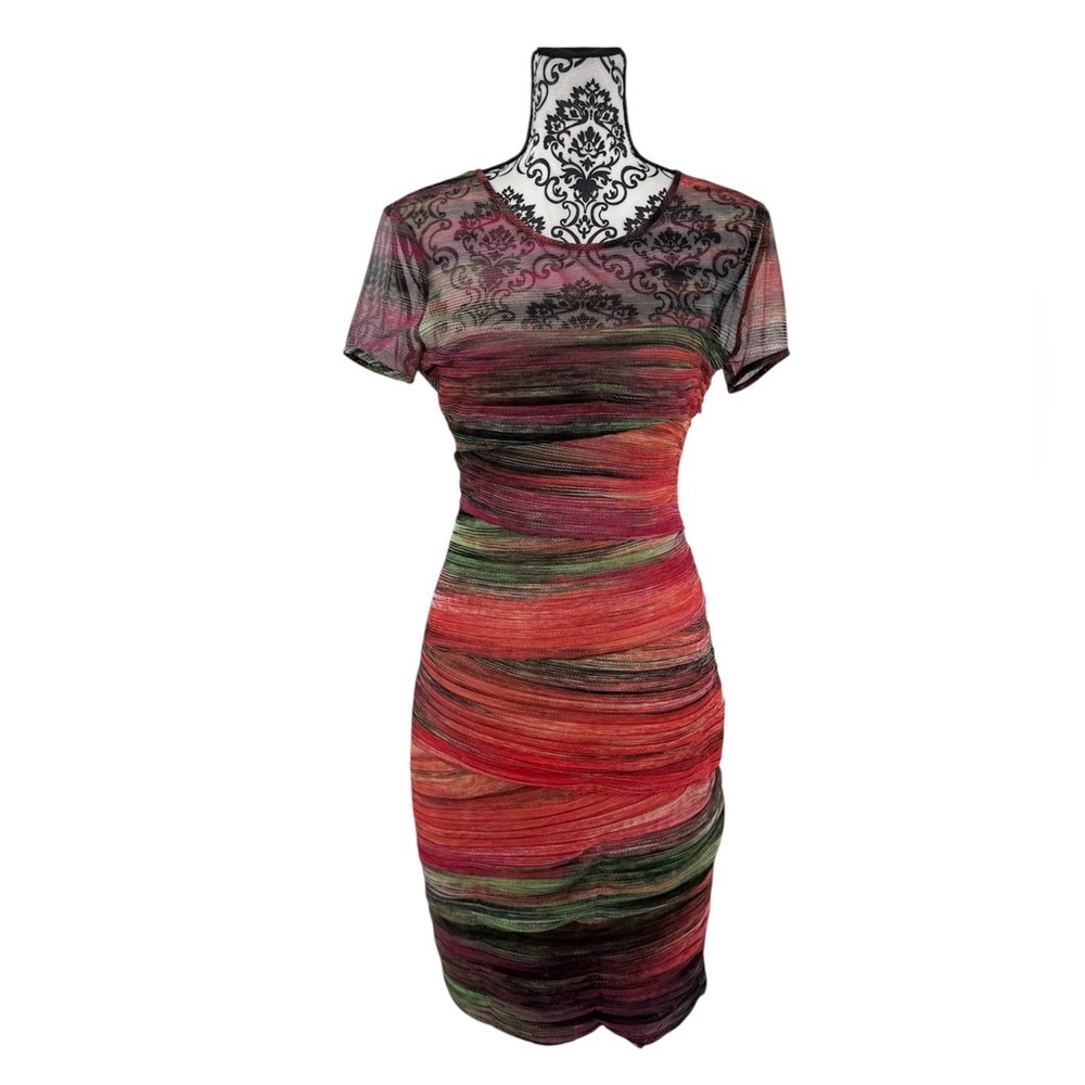 BCBG MaxAzria Donna Colorful Ruched Unique Mesh Bodycon Cap Sleeve Sheath Dress - Picture 8 of 16